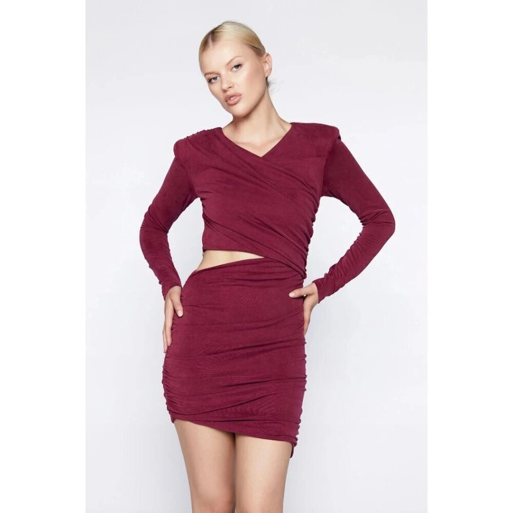 NWT Bardot burgundy body con mini dress with cutouts and ruching, 8